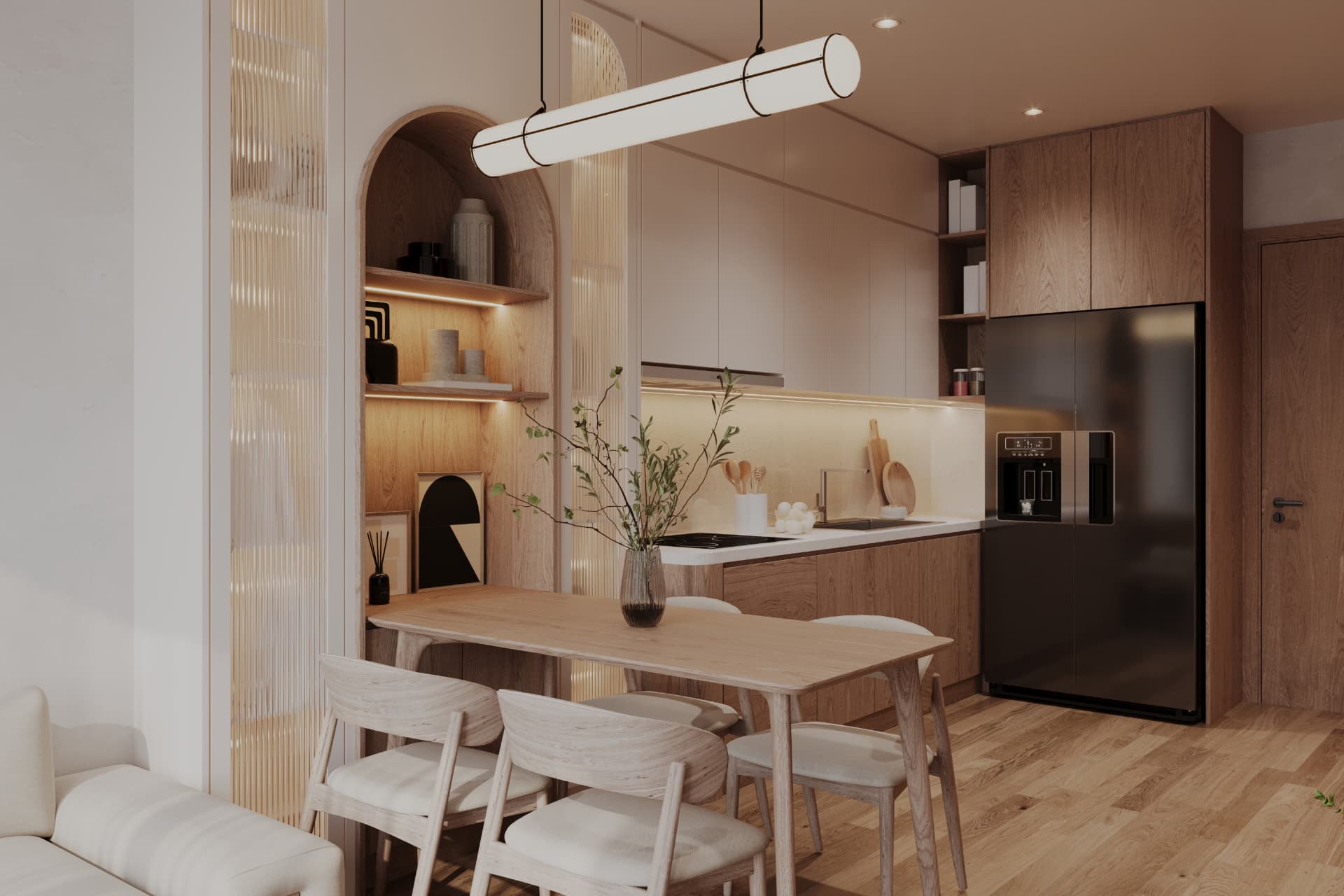 Warm designer kitchen and dining area in a Bespoke Co Living residence